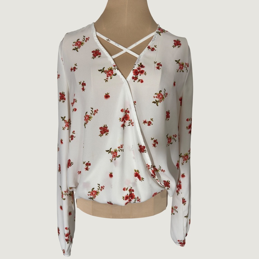 3218 | Ditsy Rose Floral Wrap Blouse Ivory Coquette Cottagecore Women M